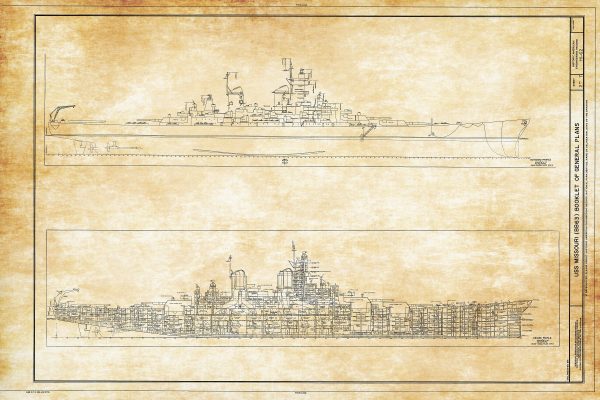 USS Missouri Blueprint - Navy Ship Blueprint, Ship Drawing, Battleship Blueprint, Old Ship Blueprint, Navy Ship Poster, Warship Blueprint