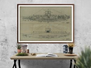 USS H-3 Submarine Blueprint – Nautical Poster, Ship Blueprint, Submarine Drawing, Battleship Blueprint, Old Sub Blueprint, Navy Blueprint