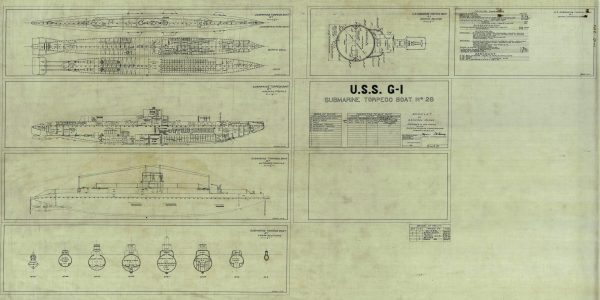 Panoramic USS G-1 Submarine Blueprint - Submarine Drawing, Nautical Poster, Ship Blueprint, Old Sub Blueprint, Navy Blueprint, Torpedo Boat