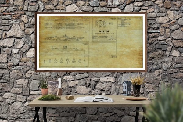 Panoramic USS G-1 Submarine Blueprint - Submarine Drawing, Nautical Poster, Ship Blueprint, Old Sub Blueprint, Navy Blueprint, Torpedo Boat