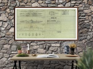 Panoramic USS G-1 Submarine Blueprint – Submarine Drawing, Nautical Poster, Ship Blueprint, Old Sub Blueprint, Navy Blueprint, Torpedo Boat