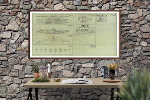 Panoramic USS G-1 Submarine Blueprint - Submarine Drawing, Nautical Poster, Ship Blueprint, Old Sub Blueprint, Navy Blueprint, Torpedo Boat