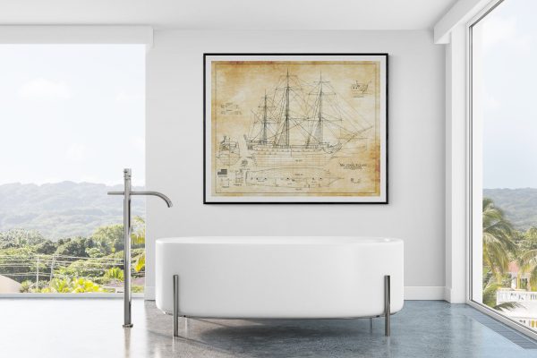 Bonne Homme Richard Sail Ship Blueprint 1765 - Ship Blueprint, Sail Ship Drawing, Boat Blueprint, Old Ship Blueprint, Sail Ship Poster