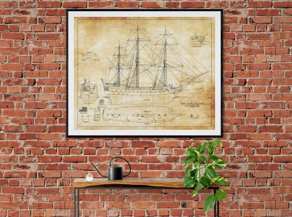 Bonne Homme Richard Sail Ship Blueprint 1765 - Ship Blueprint, Sail Ship Drawing, Boat Blueprint, Old Ship Blueprint, Sail Ship Poster