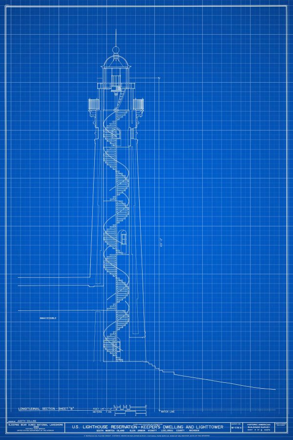 South Manitou Island Lighthouse Blueprint - Lighthouse Print, Maritime Poster, Beach House Decor, Lighthouse Poster, Glen Arbor Lighthouse