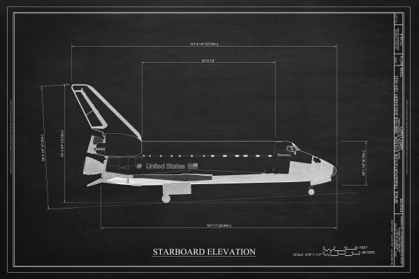 Space Shuttle Starboard Elevation Blueprint Poster- Discovery Shuttle Elevation Drawing, Astronaut Poster, NASA Space Shuttle Poster