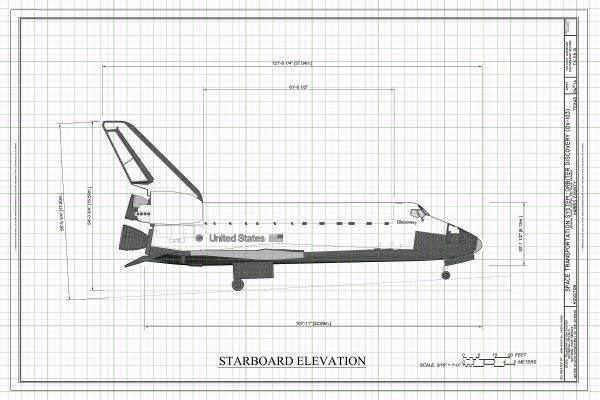 Space Shuttle Starboard Elevation Blueprint Poster- Discovery Shuttle Elevation Drawing, Astronaut Poster, NASA Space Shuttle Poster