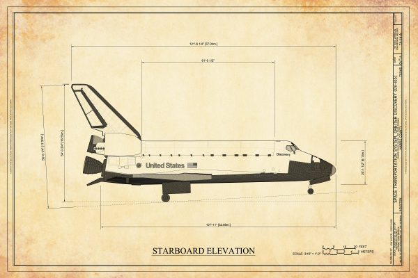 Space Shuttle Starboard Elevation Blueprint Poster- Discovery Shuttle Elevation Drawing, Astronaut Poster, NASA Space Shuttle Poster