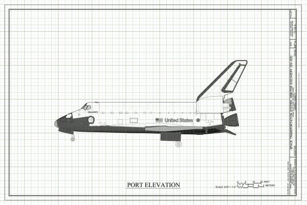 Space Shuttle Discovery Port Elevation Blueprint Poster- Discovery Shuttle Elevation Drawing, Astronaut Poster, NASA Space Shuttle Poster