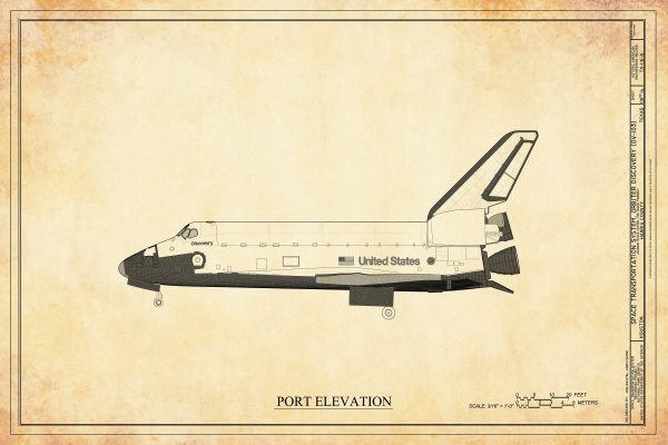 Space Shuttle Discovery Port Elevation Blueprint Poster- Discovery Shuttle Elevation Drawing, Astronaut Poster, NASA Space Shuttle Poster