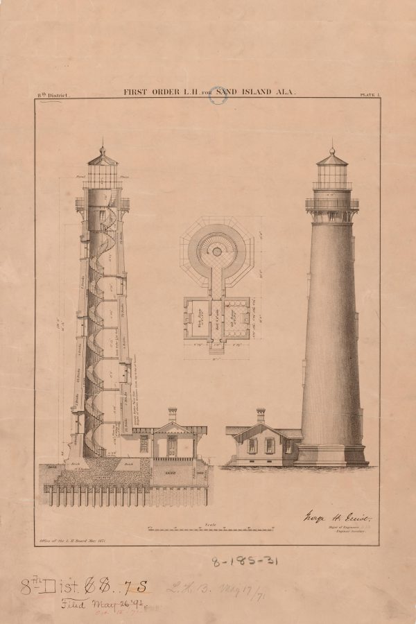 Sand Island Lighthouse Blueprint Drawing - Alabama Lighthouse, Lighthouse Print, Maritime Poster, Beach House Decor, Lighthouse Poster