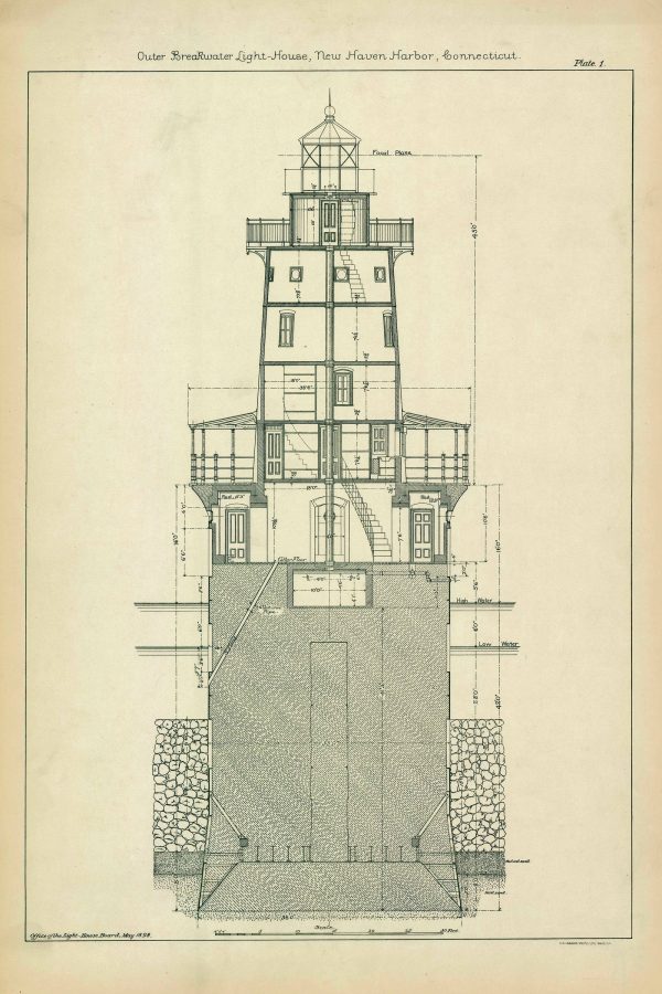 New Haven Outer Breakwater Lighthouse Blueprint - Connecticut Lighthouse, Maritime Poster, Beach House Décor, Lighthouse Poster