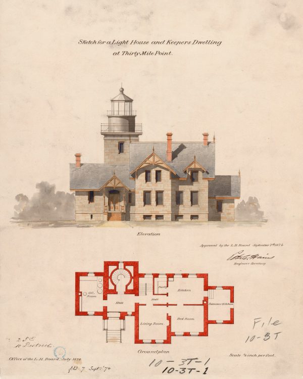 Thirty Mile Point Lighthouse Elevation Drawing - New York Lighthouse, Lighthouse Print, Beach House Décor, Lighthouse Blueprint