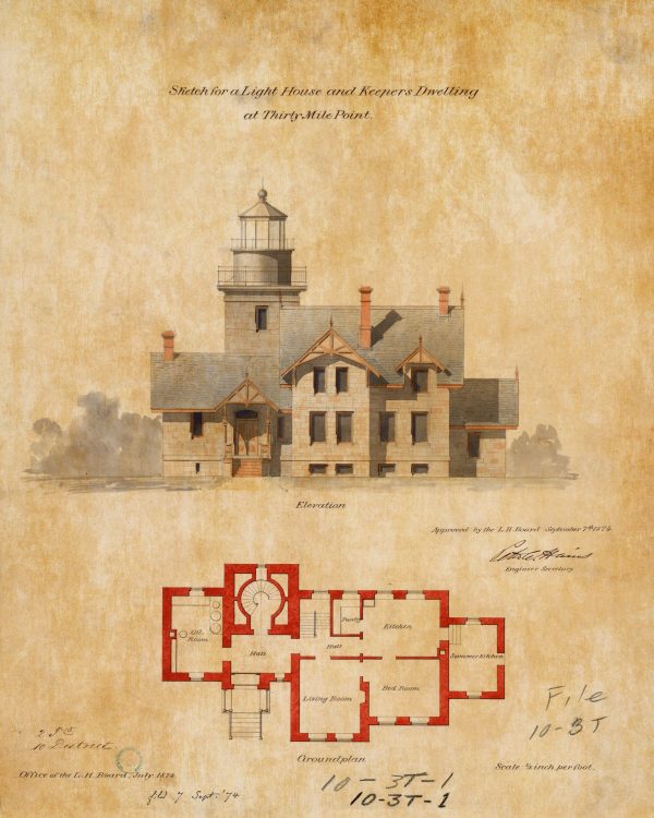 Thirty Mile Point Lighthouse Elevation Drawing - New York Lighthouse, Lighthouse Print, Beach House Décor, Lighthouse Blueprint