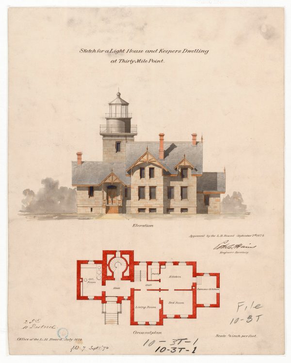 Thirty Mile Point Lighthouse Elevation Drawing - New York Lighthouse, Lighthouse Print, Beach House Décor, Lighthouse Blueprint