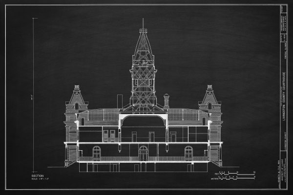 Livingston County Courthouse Blueprint Drawing - Court Blueprint, Illinois Courthouse Drawing, Law Firm Décor, Blueprint Decor, Lawyer Gift