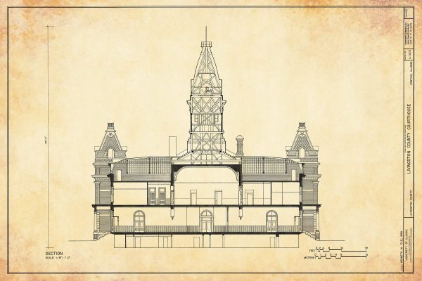 Livingston County Courthouse Blueprint Drawing - Court Blueprint, Illinois Courthouse Drawing, Law Firm Décor, Blueprint Decor, Lawyer Gift