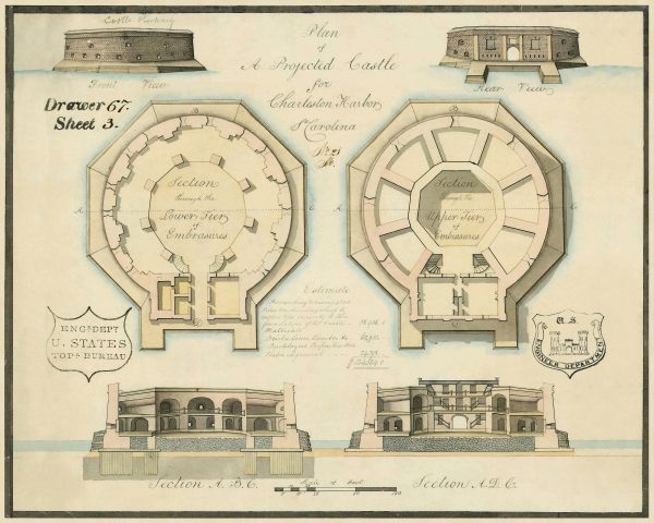 Castle Pinckney Plans Drawing Blueprint - Charleston Harbor Castle, Poster, Drawing, Historic Castle Blueprint, South Carolina Castle