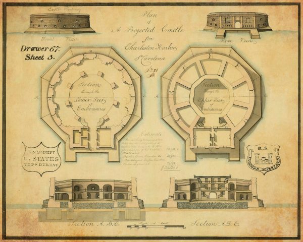 Castle Pinckney Plans Drawing Blueprint - Charleston Harbor Castle, Poster, Drawing, Historic Castle Blueprint, South Carolina Castle