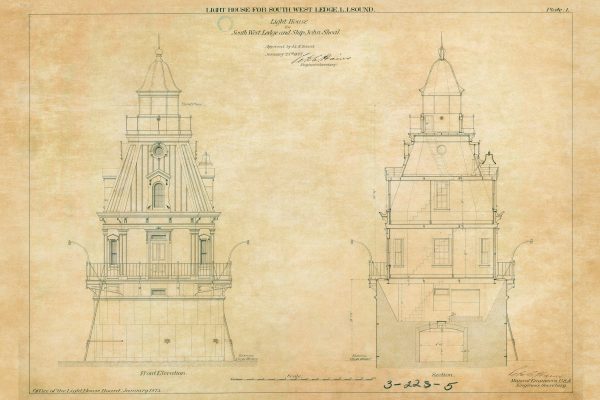 Southwest Ledge Lighthouse Blueprint - John Shoal Light, Connecticut Lighthouse, Lighthouse Print, Maritime Poster Décor, Lighthouse Poster