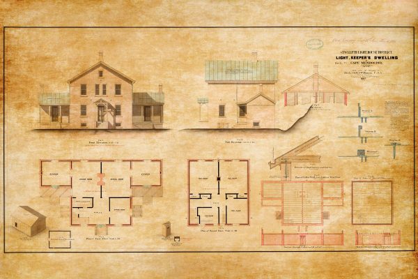 Cape Mendocino Lighthouse Keeper's Dwelling Blueprint - California Lighthouse, Maritime Poster, Beach House Décor, Lighthouse Poster