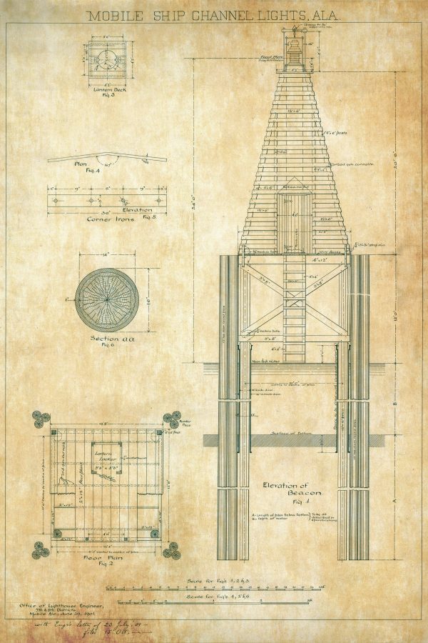 Mobile Ship Channel Lights Blueprint - Mobile Bay Lighthouse, Alabama Lighthouse, Lighthouse Print, Maritime Poster Décor, Lighthouse Poster