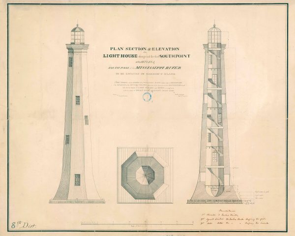 South Pass Lighthouse Section and Elevation Drawing - Gordon's Island Lighthouse, Lighthouse Print, Maritime Poster, Beach House Decor