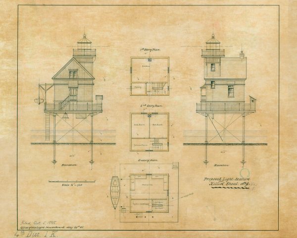 Killick Shoal Lighthouse Plan Elevation Drawing - Killock Shoal, Virginia Lighthouse, Lighthouse Print, Maritime Poster, Beach House Decor