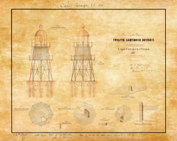 Cape Arago Lighthouse Sectional Elevation Drawing - Cape Gregory Light, Oregon Lighthouse, Lighthouse Print, Beach House Maritime Decor