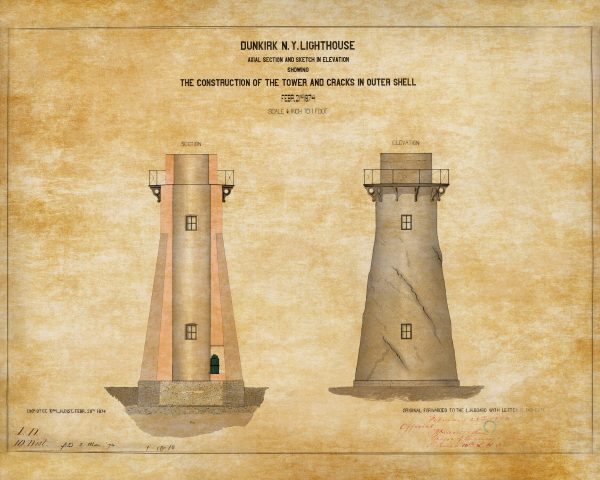 Dunkirk Light Lighthouse Elevation Drawing - New York Lighthouse, Lighthouse Print, Maritime Poster, Beach House Decor, Point Gratiot Light