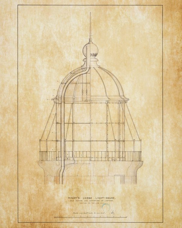 Minot's Ledge Lantern Section Blueprint - Massachusetts Lighthouse, Lighthouse Print, Maritime Poster, Beach House Decor, Lighthouse Poster