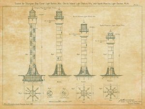 Wisconsin and Michigan Lighthouse Towers Drawings – Lighthouse Collection, Lighthouse Print, Maritime Poster Décor, Lighthouse Poster