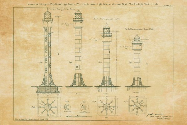 Wisconsin and Michigan Lighthouse Towers Drawings - Lighthouse Collection, Lighthouse Print, Maritime Poster Décor, Lighthouse Poster