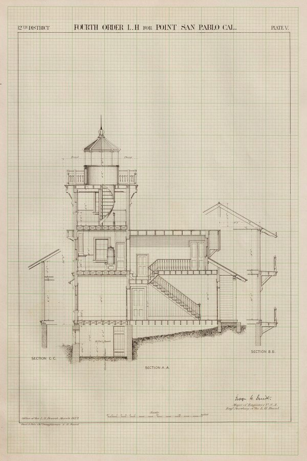 East Brother Island Lighthouse Section Drawing - Point San Pablo Lighthouse, California Lighthouse, Lighthouse Print, Beach House Décor