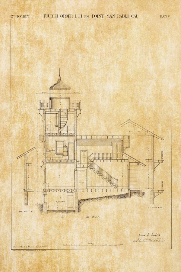 East Brother Island Lighthouse Section Drawing - Point San Pablo Lighthouse, California Lighthouse, Lighthouse Print, Beach House Décor