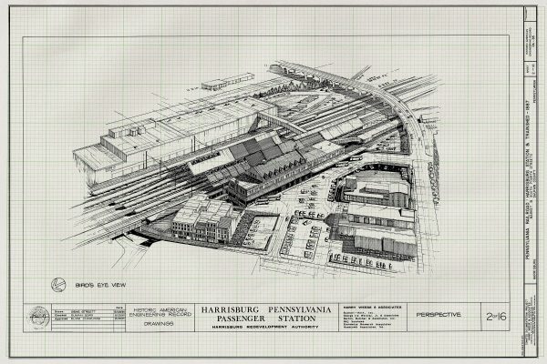 Harrisburg Pennsylvania Railroad Station Drawing - Railroad Poster, Railroad Station Blueprint, Harrisburg Station, Historic Building