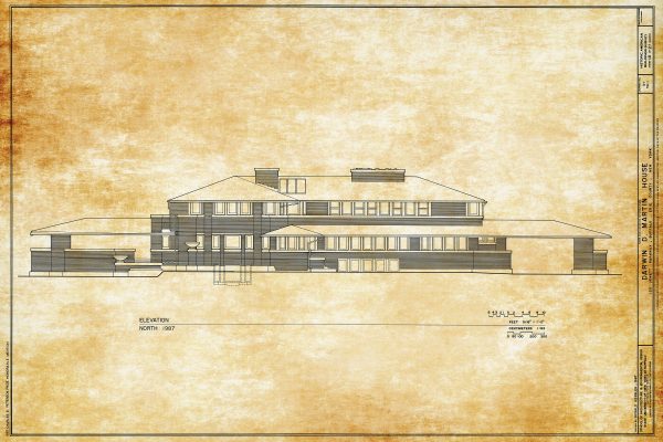 Darwin D. Martin House Elevation Drawing - Frank Lloyd Wright House Design Poster, House Blueprint, Home Décor, Buffalo Historic Building