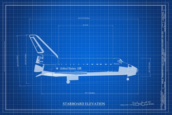 Space Shuttle Starboard Elevation Blueprint Poster- Discovery Shuttle Elevation Drawing, Astronaut Poster, NASA Space Shuttle Poster