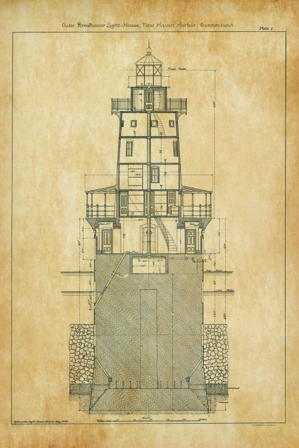 New Haven Outer Breakwater Lighthouse Blueprint - Connecticut Lighthouse, Maritime Poster, Beach House Décor, Lighthouse Poster