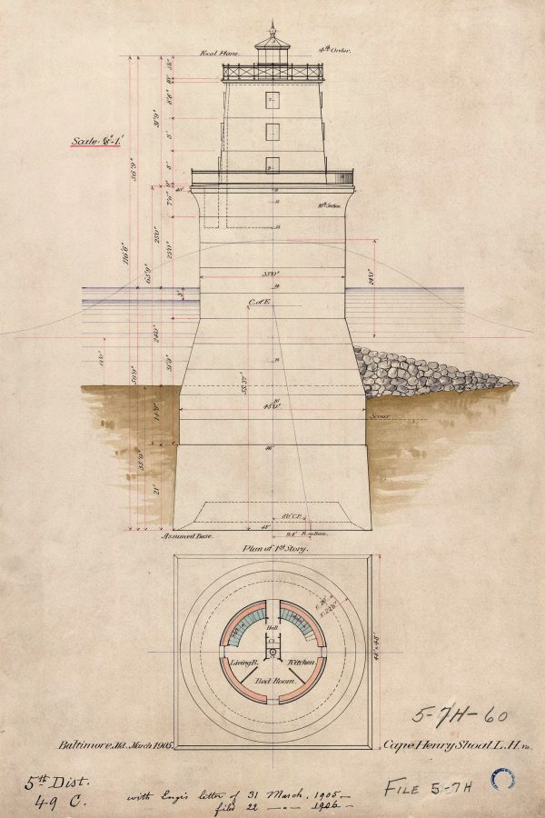 Cape Henry Shoal Lighthouse Blueprint Drawing - Virginia Lighthouse, Lighthouse Print, Maritime Poster, Beach House Decor, Lighthouse Poster