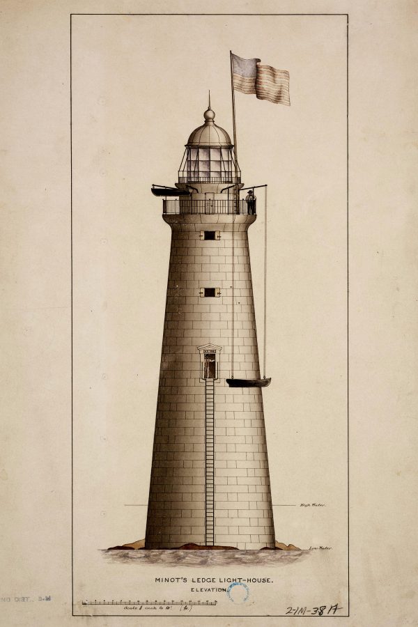 Minot's Ledge Lighthouse Elevation Drawing Blueprint - Massachusetts Lighthouse, Beach House Décor, Lighthouse Poster, Nautical Poster