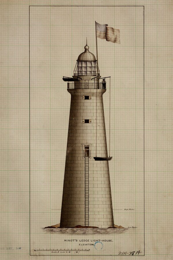 Minot's Ledge Lighthouse Elevation Drawing Blueprint - Massachusetts Lighthouse, Beach House Décor, Lighthouse Poster, Nautical Poster