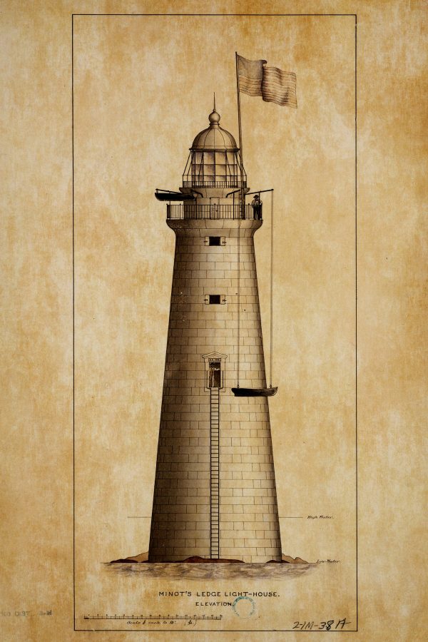 Minot's Ledge Lighthouse Elevation Drawing Blueprint - Massachusetts Lighthouse, Beach House Décor, Lighthouse Poster, Nautical Poster