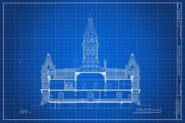 Livingston County Courthouse Blueprint Drawing - Court Blueprint, Illinois Courthouse Drawing, Law Firm Décor, Blueprint Decor, Lawyer Gift