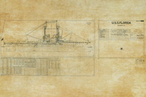 USS Florida (BB-30) Blueprint Drawing - Navy Ship Blueprint, Battleship Blueprint, Old Ship Blueprint, Navy Ship Poster, Warship Blueprint