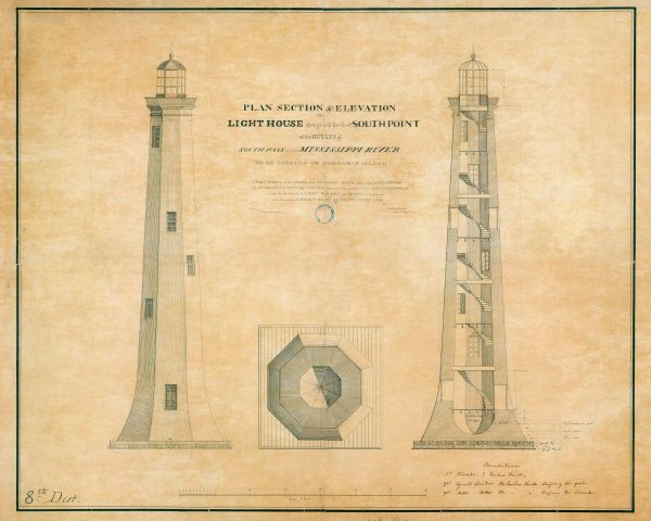 South Pass Lighthouse Section and Elevation Drawing - Gordon's Island Lighthouse, Lighthouse Print, Maritime Poster, Beach House Decor