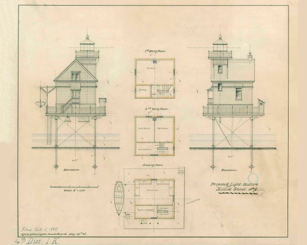 Killick Shoal Lighthouse Plan Elevation Drawing - Killock Shoal, Virginia Lighthouse, Lighthouse Print, Maritime Poster, Beach House Decor