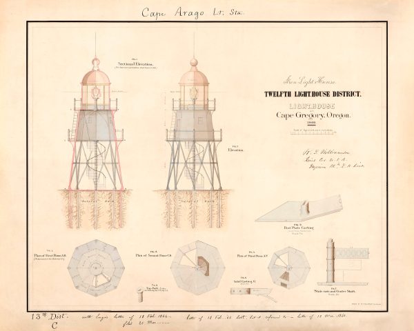 Cape Arago Lighthouse Sectional Elevation Drawing - Cape Gregory Light, Oregon Lighthouse, Lighthouse Print, Beach House Maritime Decor