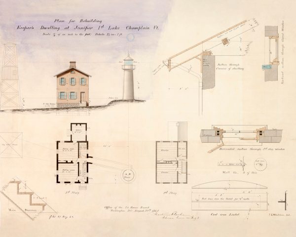 Juniper Island Lighthouse Elevation Drawing - Twin Lights Lighthouse, Lighthouse Print, Maritime Poster, Beach House Decor, Keeper Dwelling