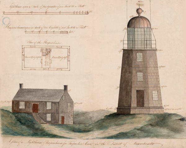 Tarpaulin Cove Light Lighthouse Elevation Drawing - Keeper Dwelling, Massachusetts Lighthouse Print, Maritime Poster, Beach House Decor,